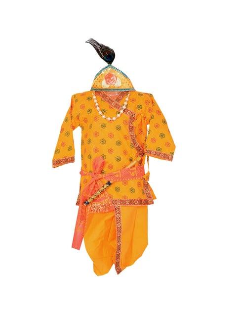 ahhaaaa kids yellow embroidered kurta, dhoti, pagri with flute