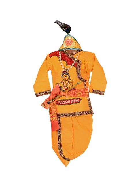 ahhaaaa kids yellow embroidered kurta, dhoti, pagri with flute