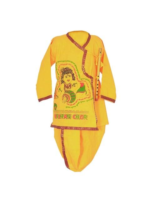 ahhaaaa kids yellow embroidered kurta, dhoti with flute