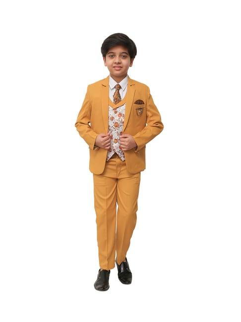 ahhaaaa kids yellow solid coat, waistcoat, shirt, pants with tie