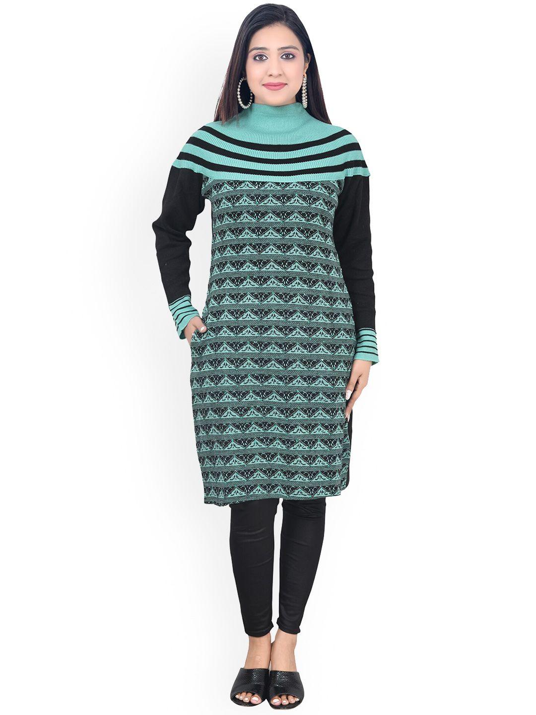 ahhaaaa women green & black woven design knitted wool kurta