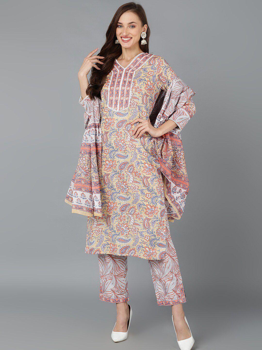 ahika ethnic floral thread work pure cotton kurta with trousers & dupatta