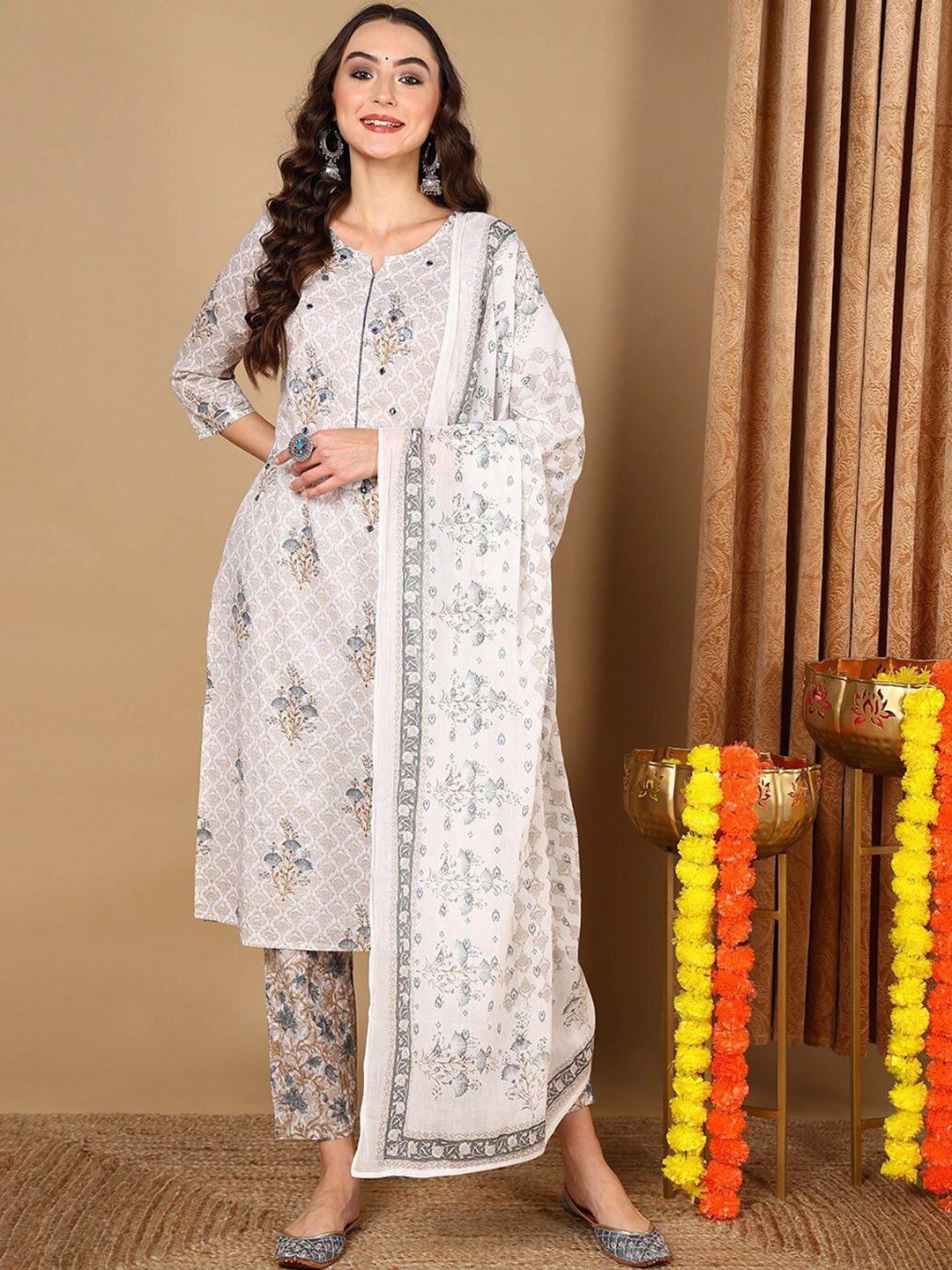 ahika ethnic motifs printed mirror work pure cotton straight kurta with trousers & dupatta