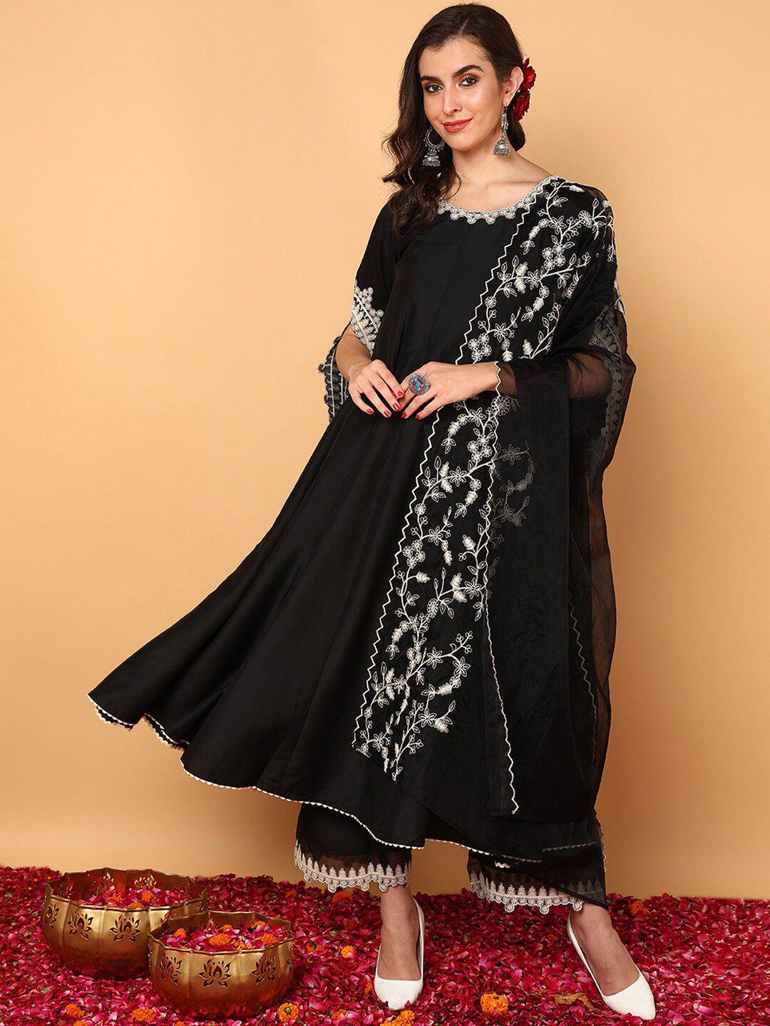 ahika floral embroidered thread work flared sleeves anarkali kurta with trousers & dupatta