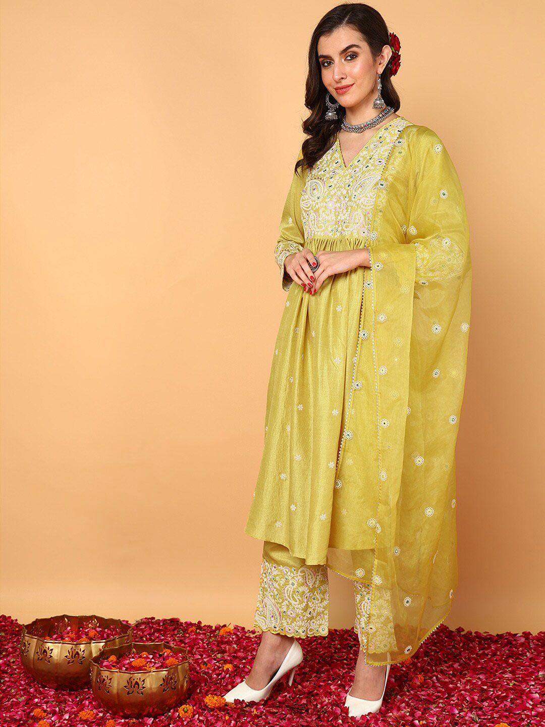 ahika floral embroidered thread work pleated a-line kurta with trousers & dupatta