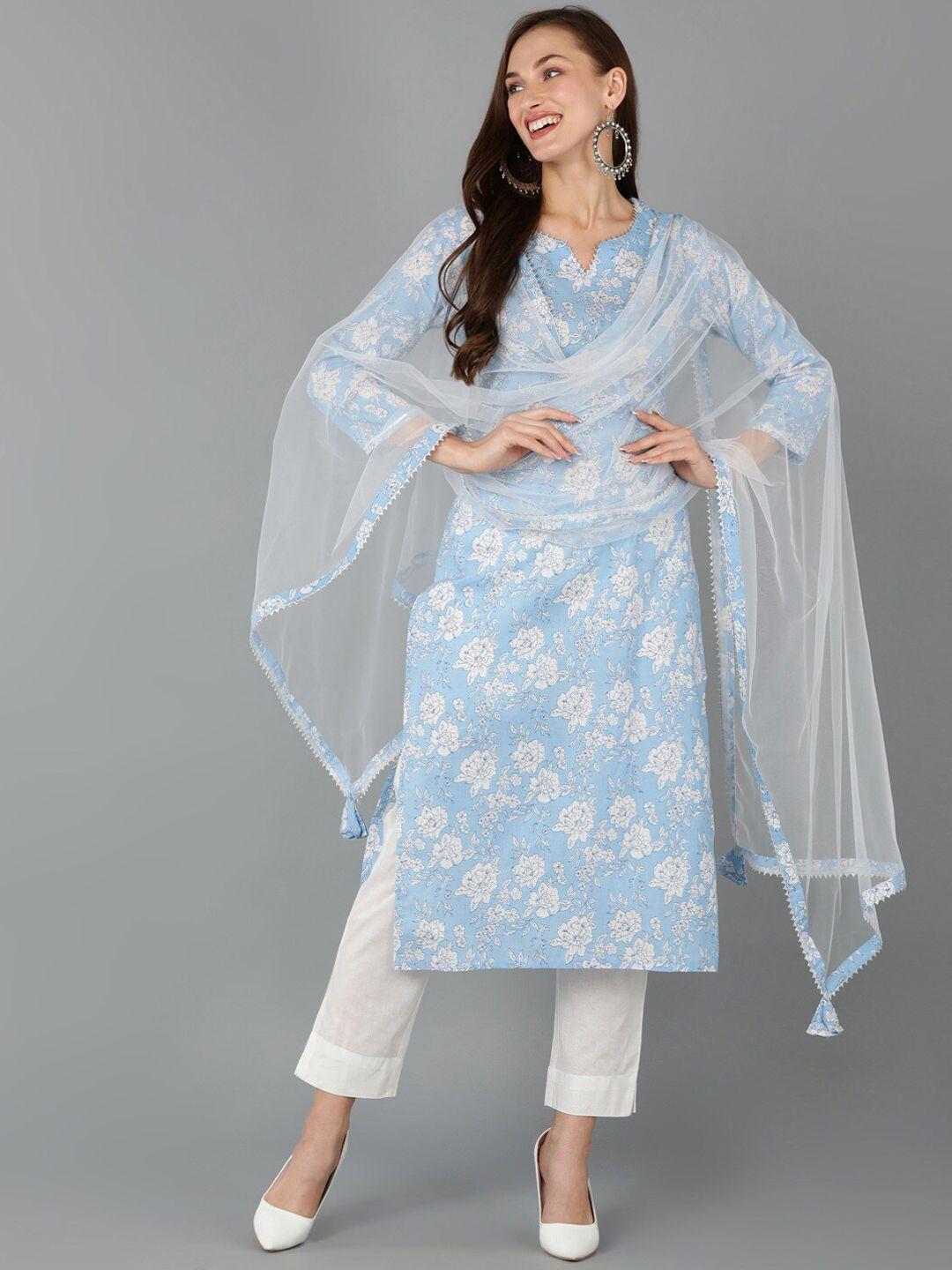 ahika floral printed notch neck kurta with trousers & dupatta