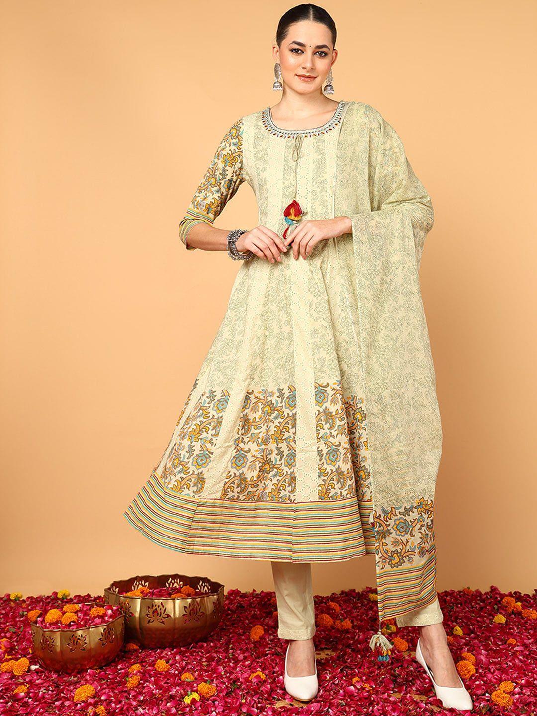 ahika green ethnic motifs printed pure cotton anarkali kurta & trouser with dupatta