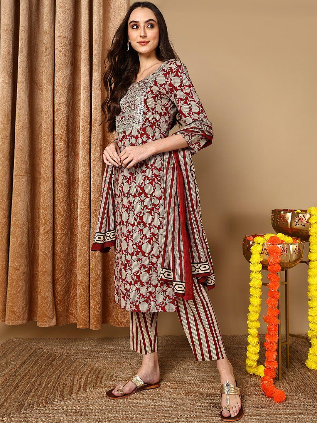 ahika maroon floral printed round neck thread work straight kurta with trouser & dupatta