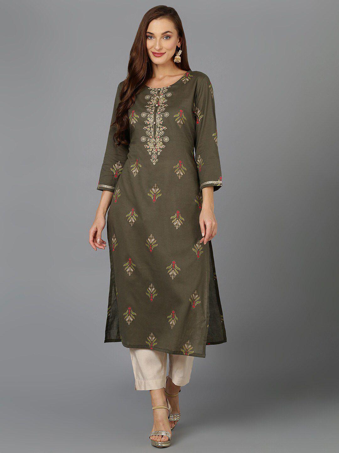ahika olive green ethnic motifs embroidered sequined cotton kurta