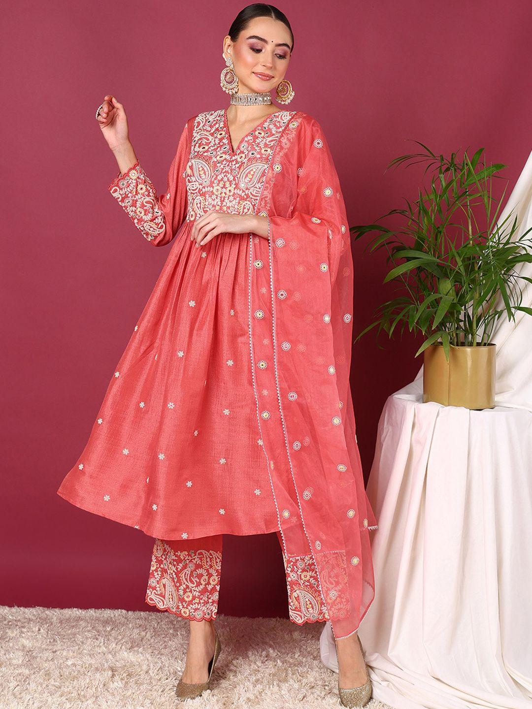 ahika pink paisley embroidered empire thread work kurta with palazzos & dupatta