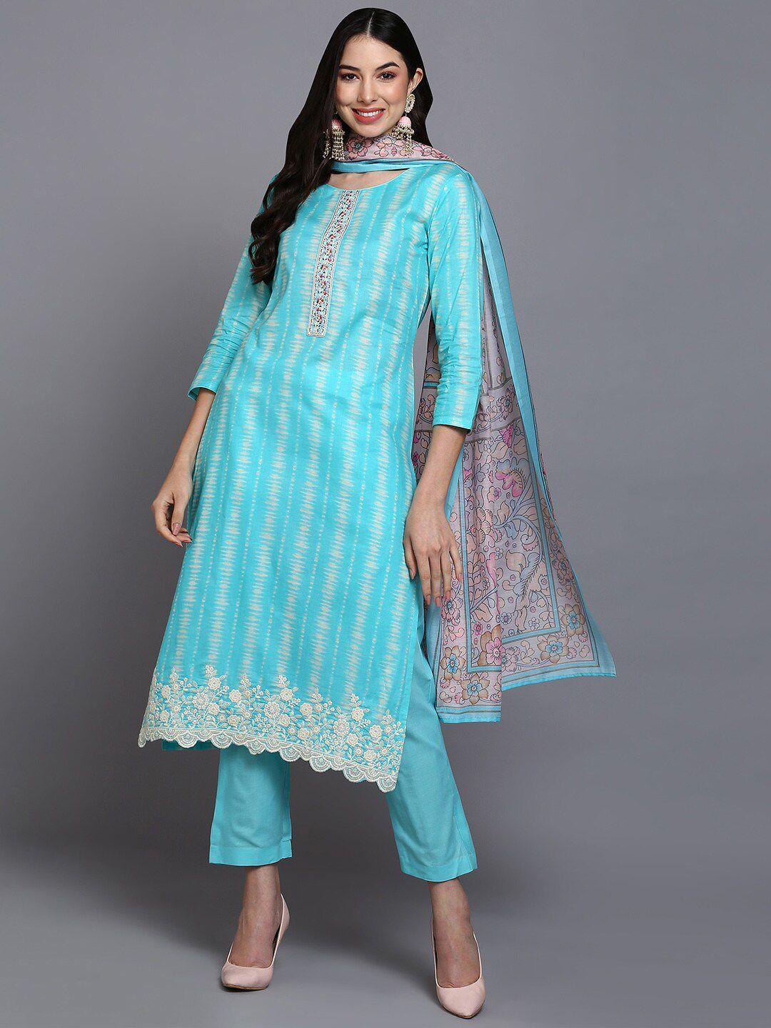 ahika turquoise blue& white  abstract printed pure cotton kurta & trousers with dupatta