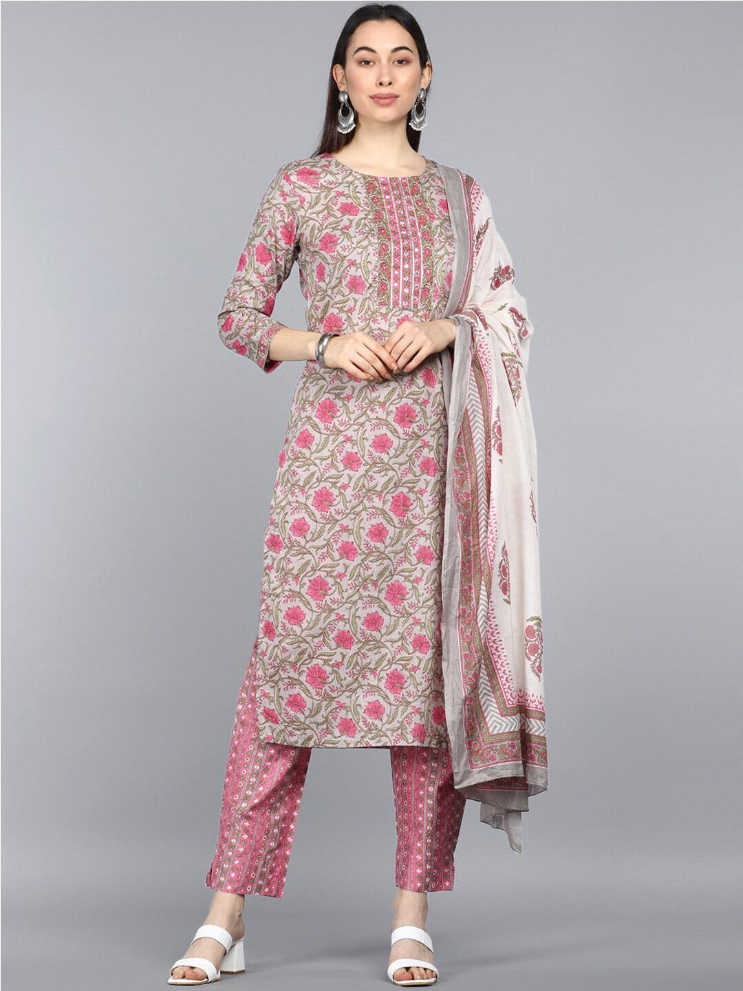 ahika women beige & pink floral printed pure cotton kurta with trousers & dupatta