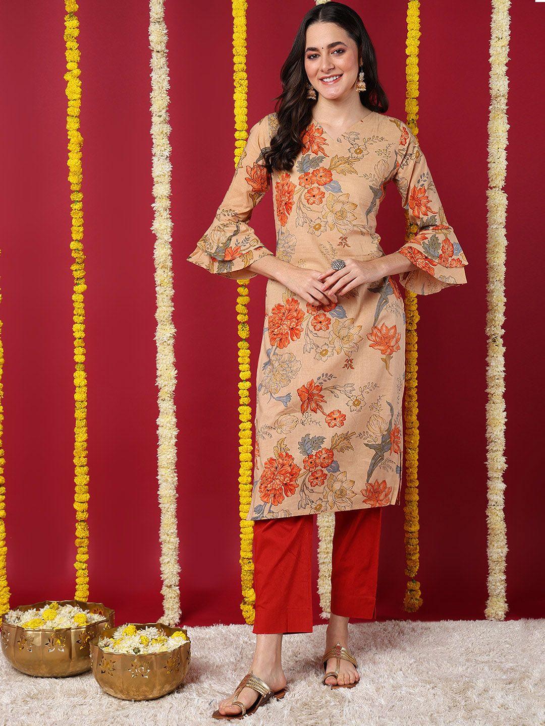 ahika women beige floral printed flared sleeves kurta