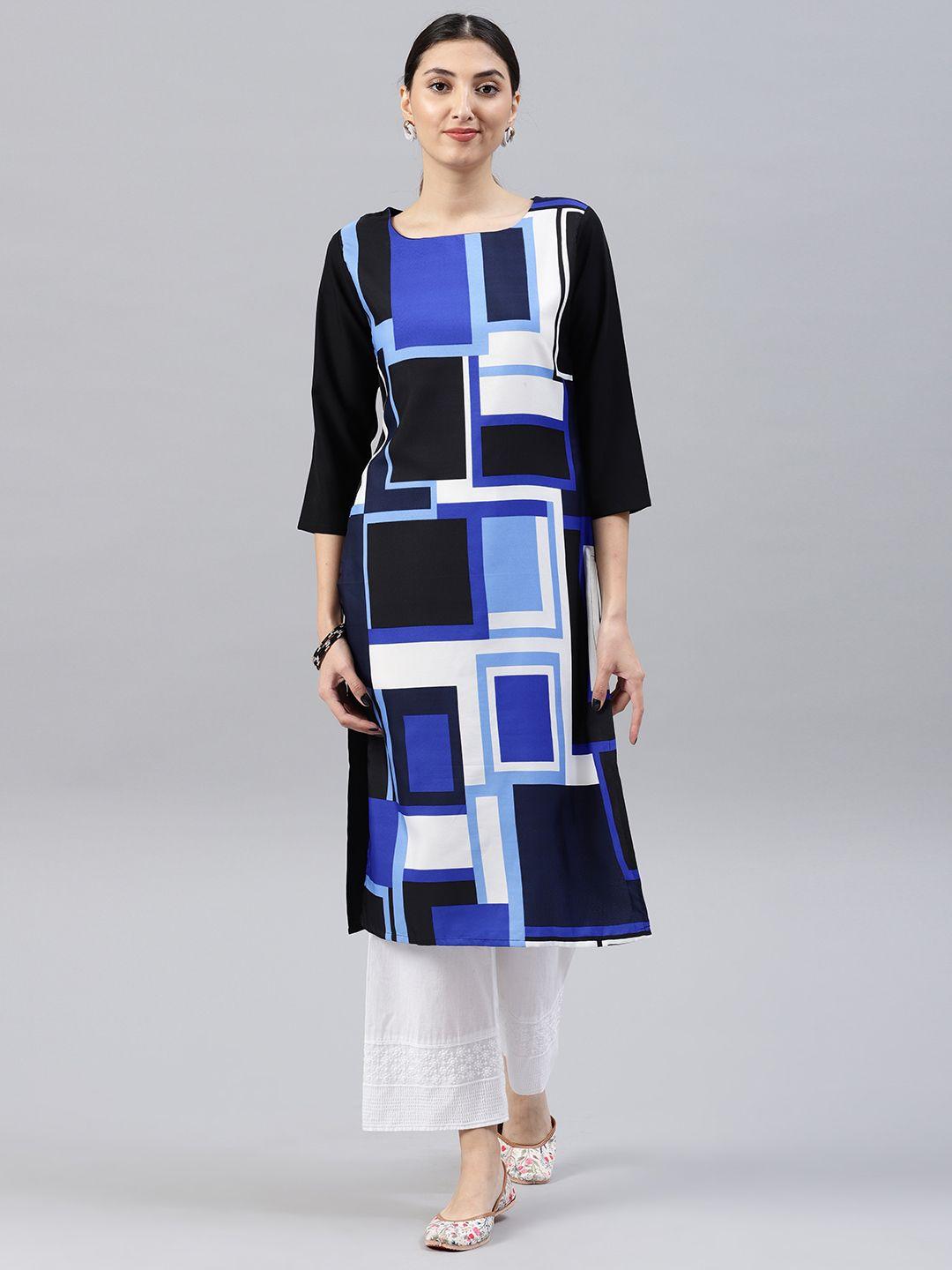 ahika women blue & black printed straight kurta