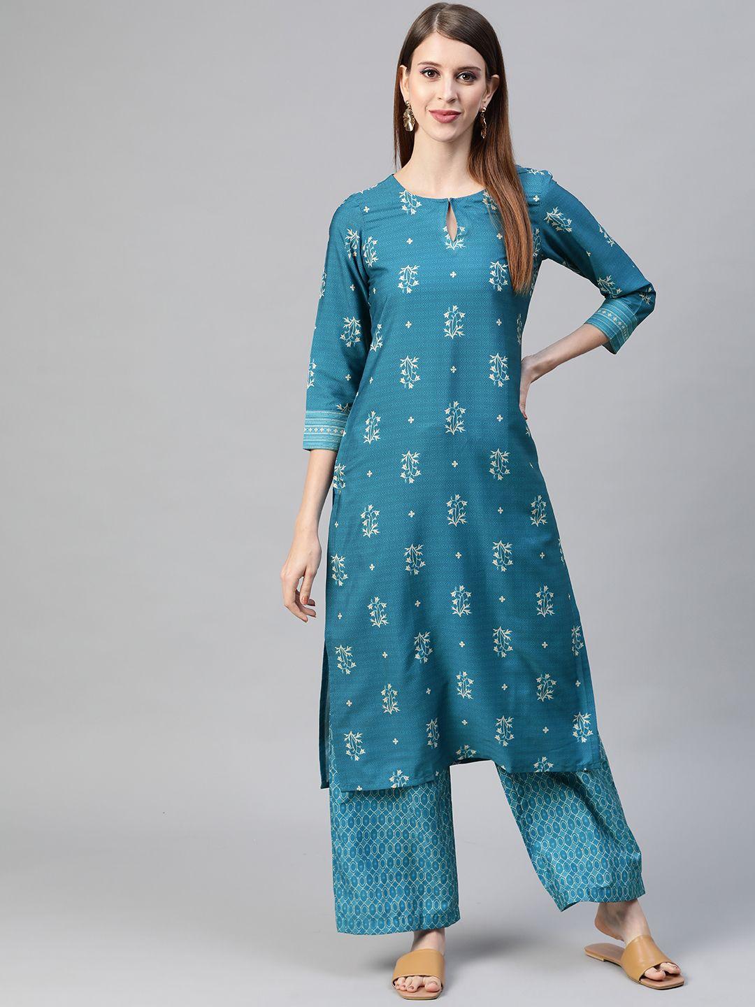 ahika women blue & white ethnic motifs printed kurta with palazzos