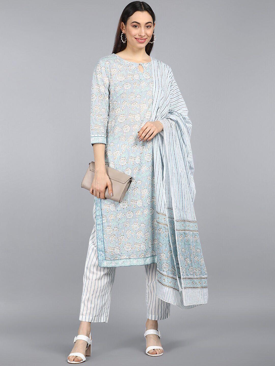 ahika women blue & white floral printed pure cotton kurta with trousers & dupatta