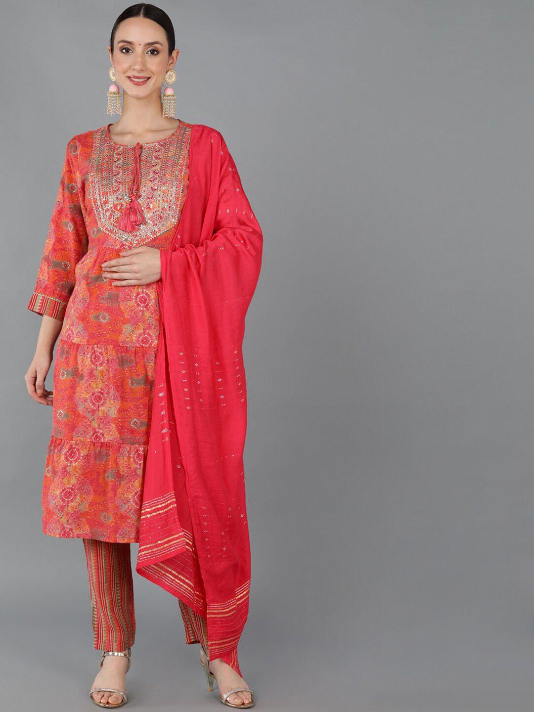 ahika women ethnic motifs embroidered sequinned kurta with trousers & with dupatta
