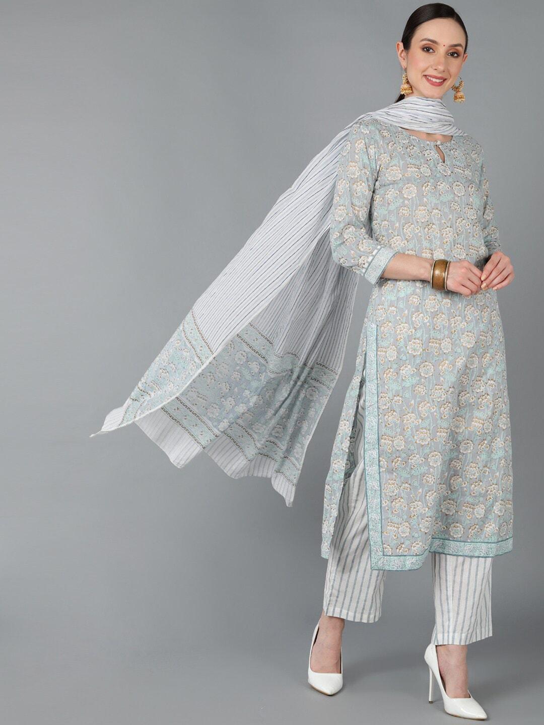 ahika women floral printed pure cotton kurta with trousers & dupatta