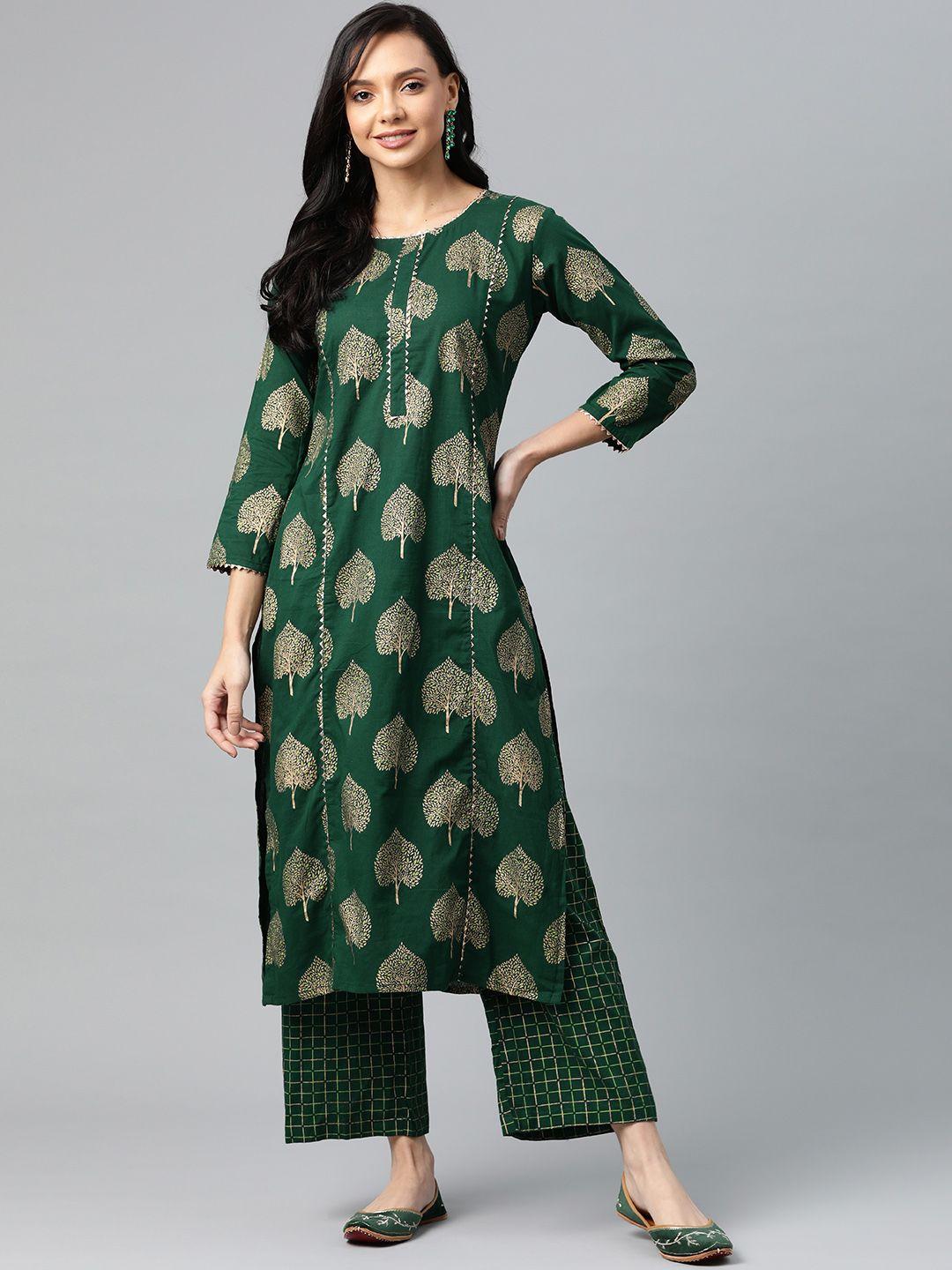 ahika women green & golden ethnic motifs print gotta patti pure cotton kurta with palazzos