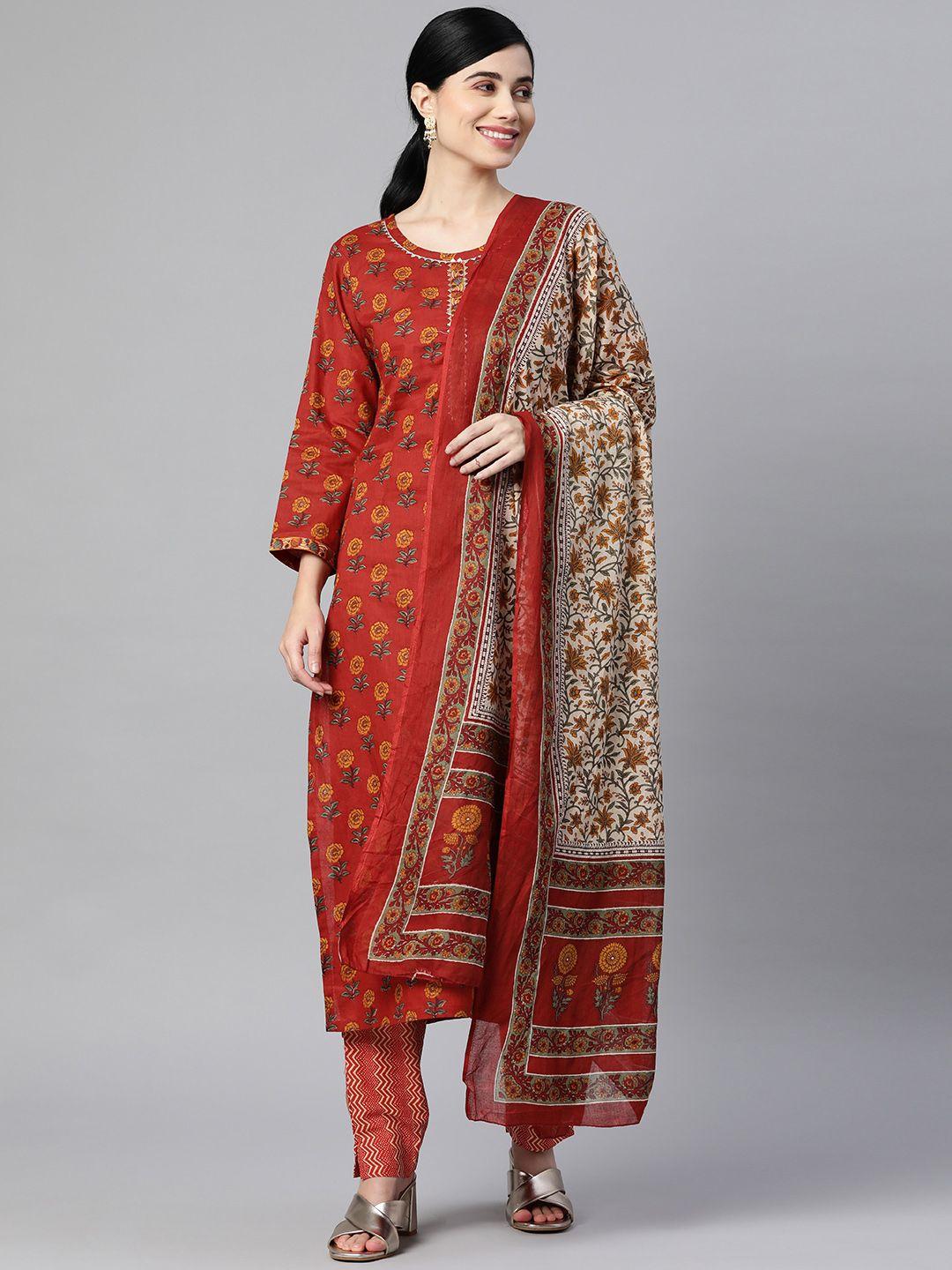 ahika women maroon & brown printed kurta with trousers & dupatta