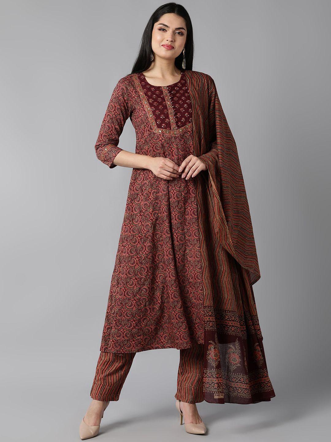 ahika women maroon ethnic motifs printed regular pure cotton kurta with trousers & with dupatta