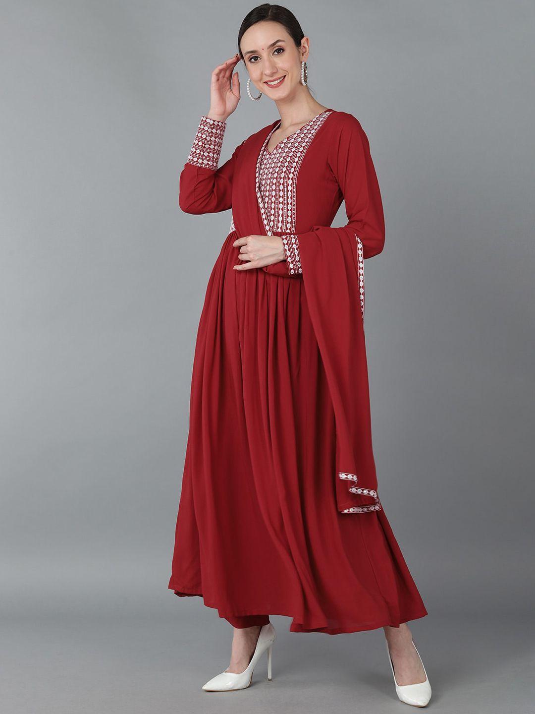 ahika women maroon yoke design sequinned kurta with trousers & with dupatta