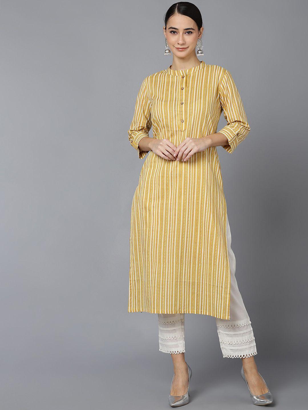 ahika women mustard yellow striped cotton kurta