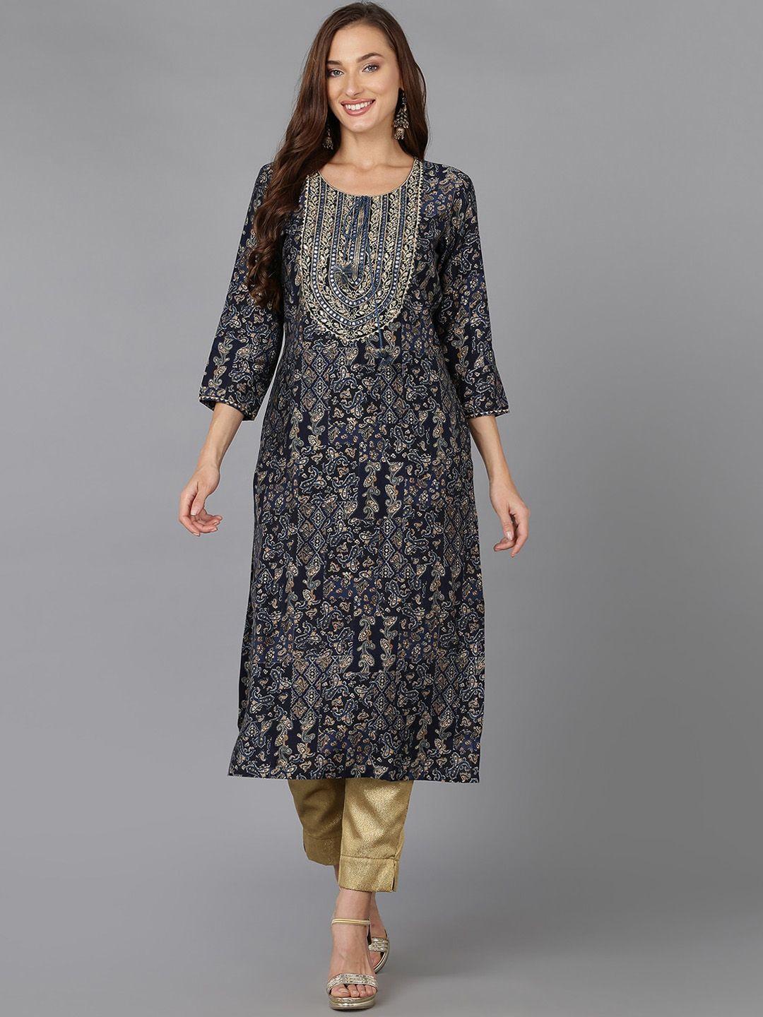 ahika women navy blue ethnic motifs embroidered flared sleeves sequinned kurta