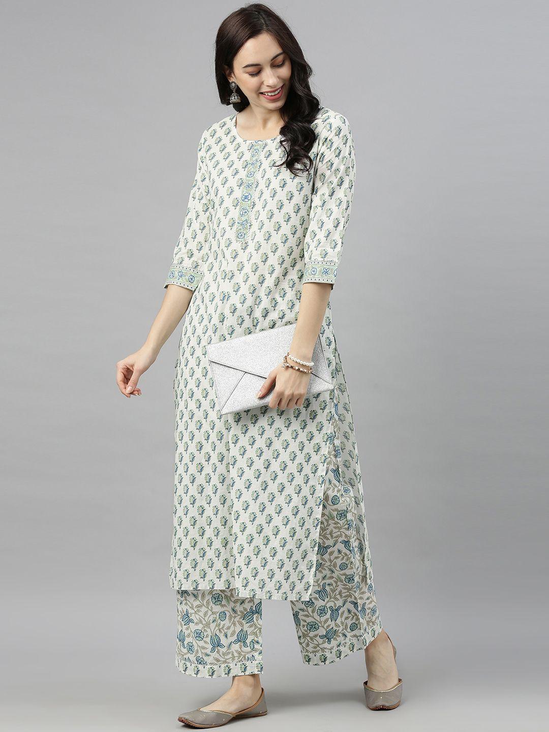 ahika women off-white & green printed kurta with palazzos