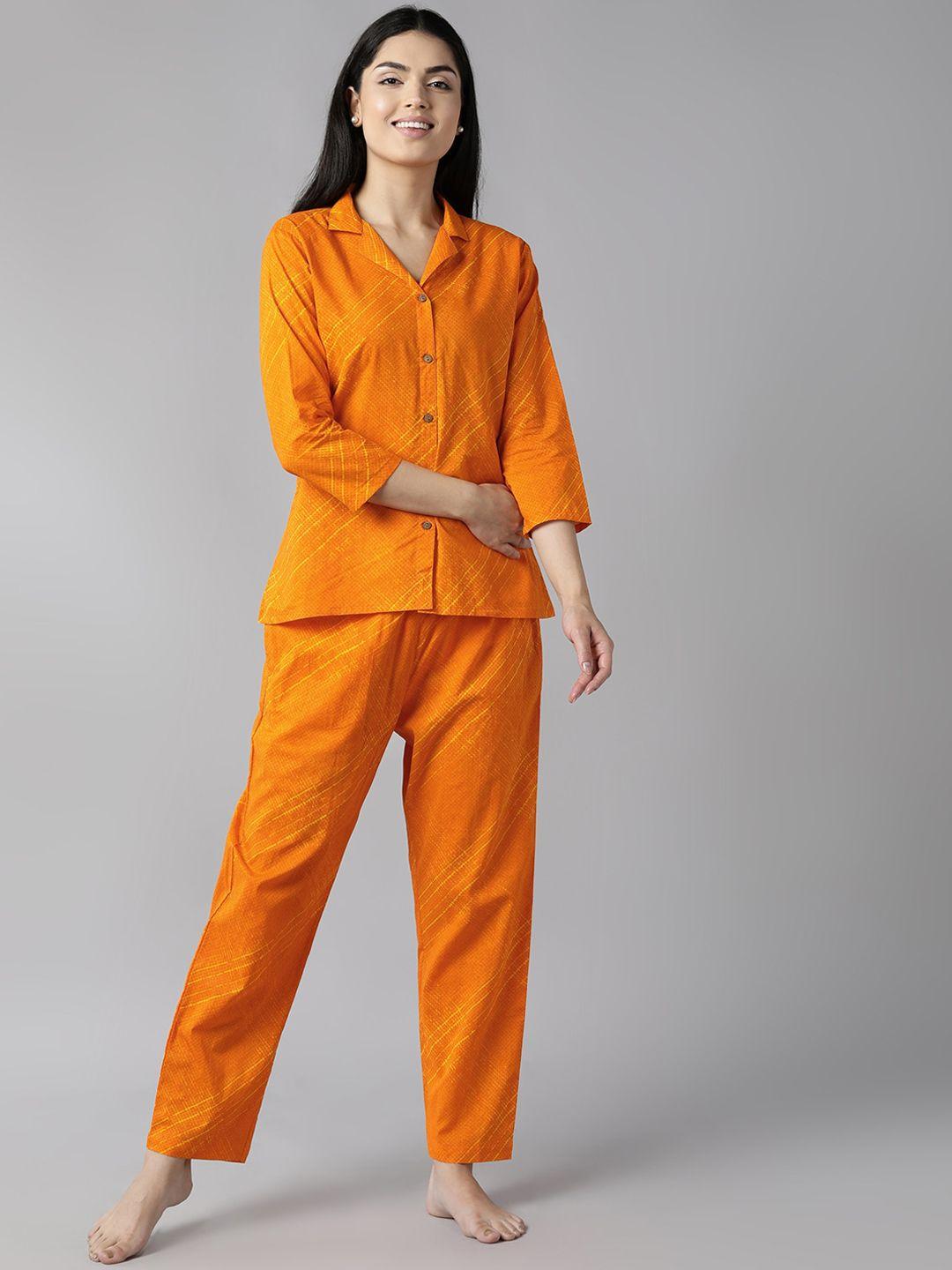 ahika women orange & yellow printed pure cotton night suit