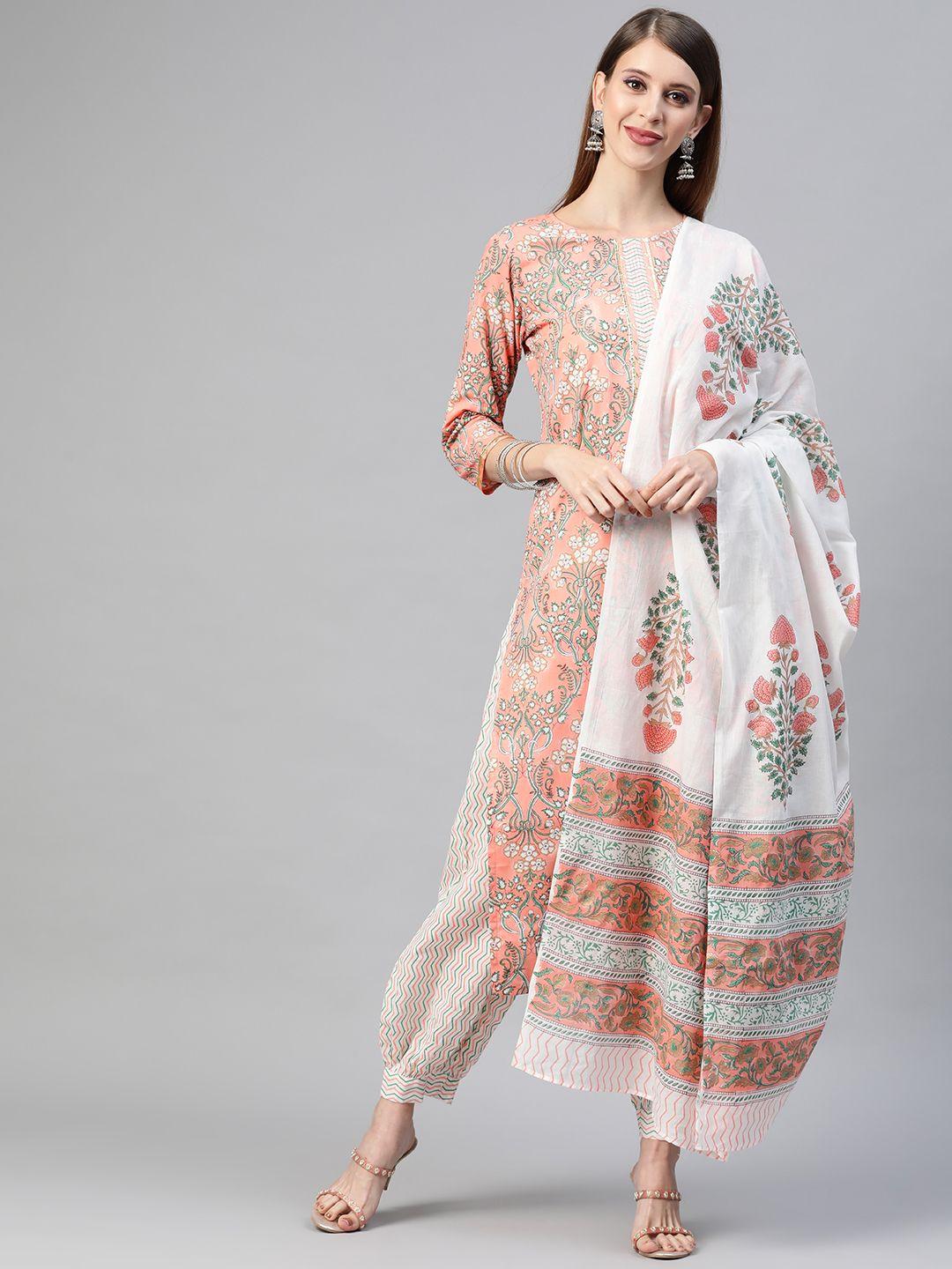 ahika women peach-coloured & off-white printed pure cotton kurta with salwar & dupatta