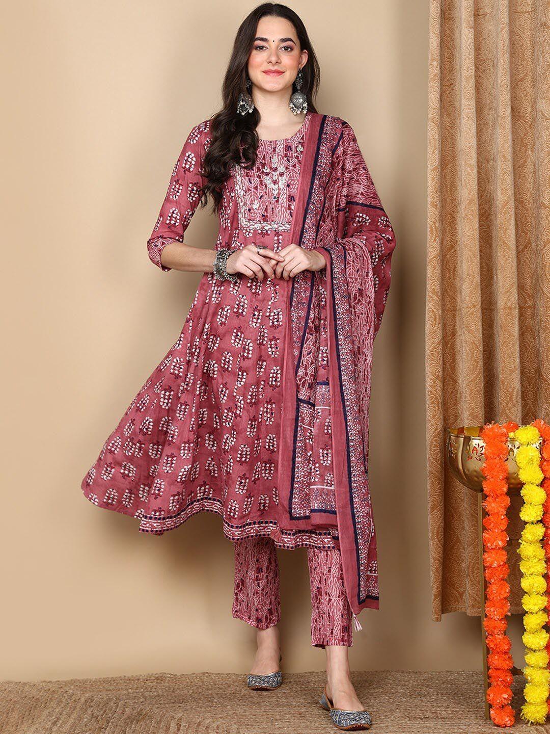 ahika women pink ethnic motifs printed empire pure cotton kurta with trousers & with dupatta