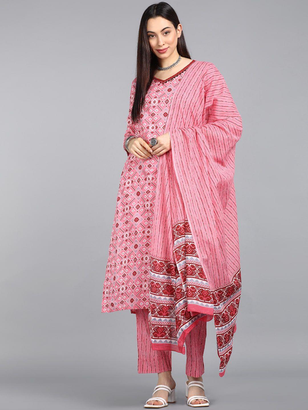 ahika women pink ethnic motifs printed pure cotton kurta with trousers & dupatta