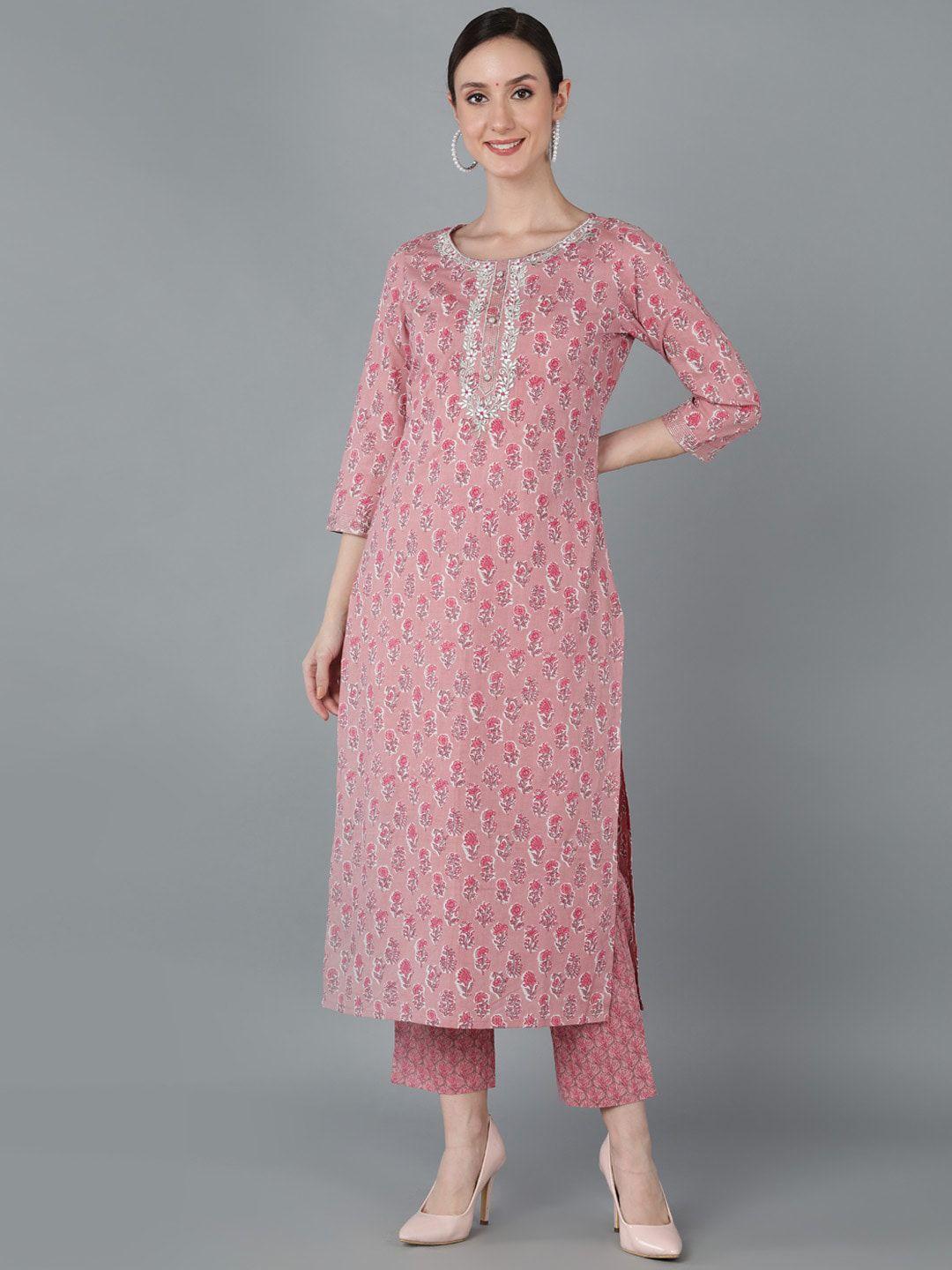 ahika women pink floral printed thread work cotton kurta