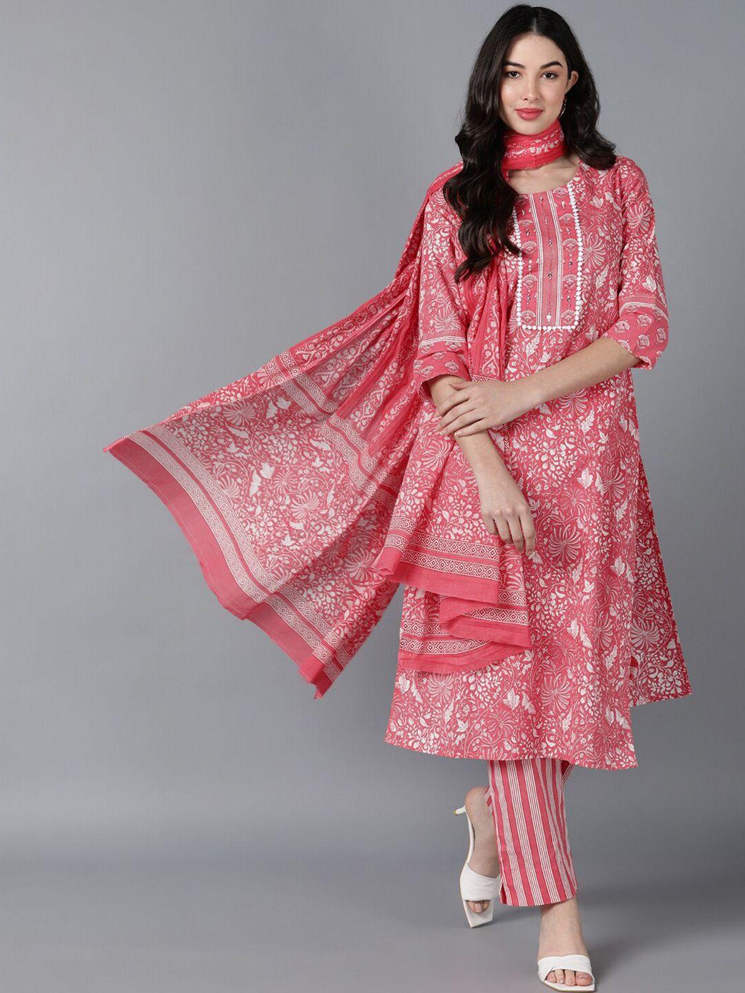 ahika women pink printed empire pure cotton kurta with trousers & with dupatta