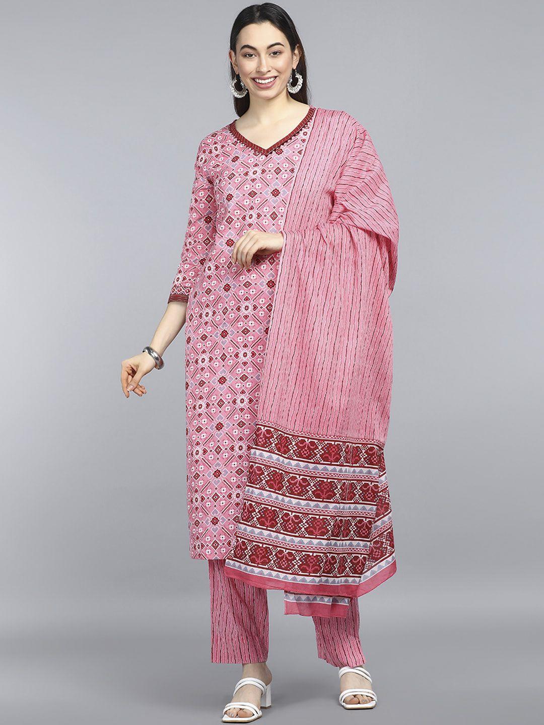 ahika women pink printed pure cotton kurta with trouser & dupatta