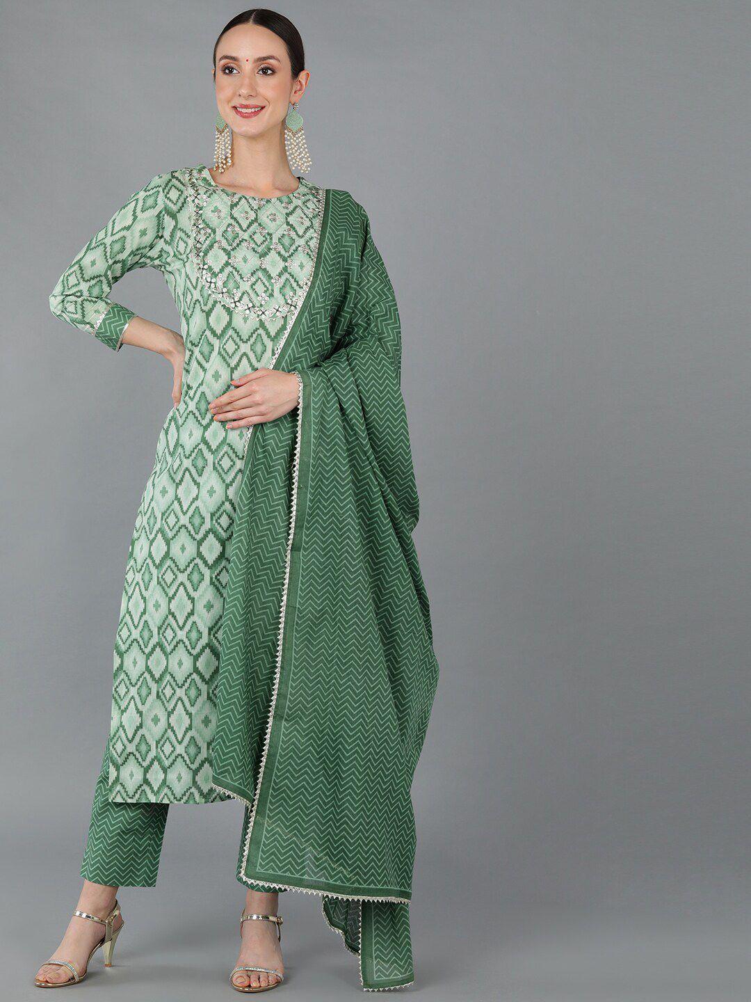 ahika women printed gotta patti pure cotton kurta with trousers & dupatta