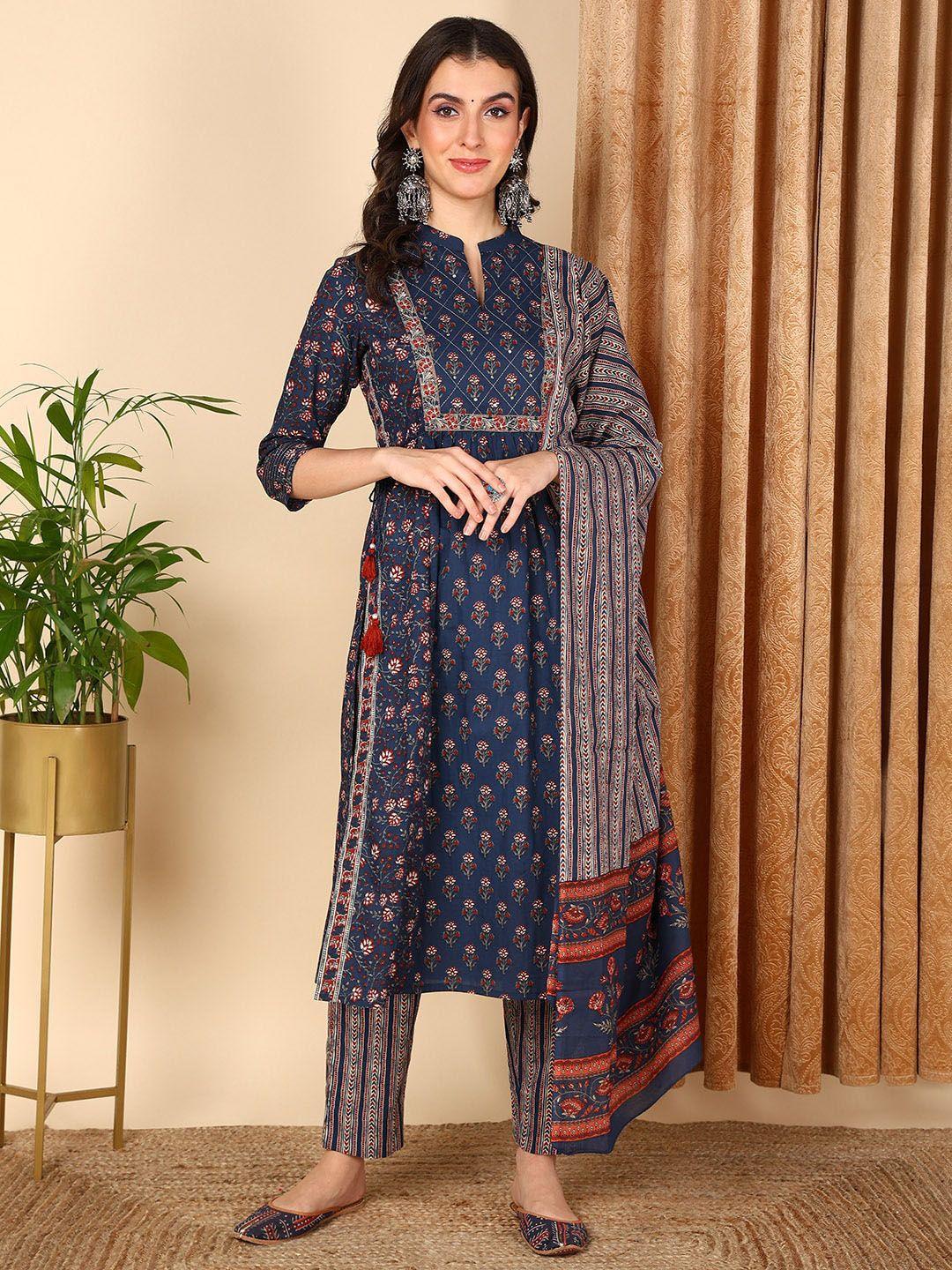 ahika  blue floral printed a-line sequinned pure cotton kurta with trousers & dupatta