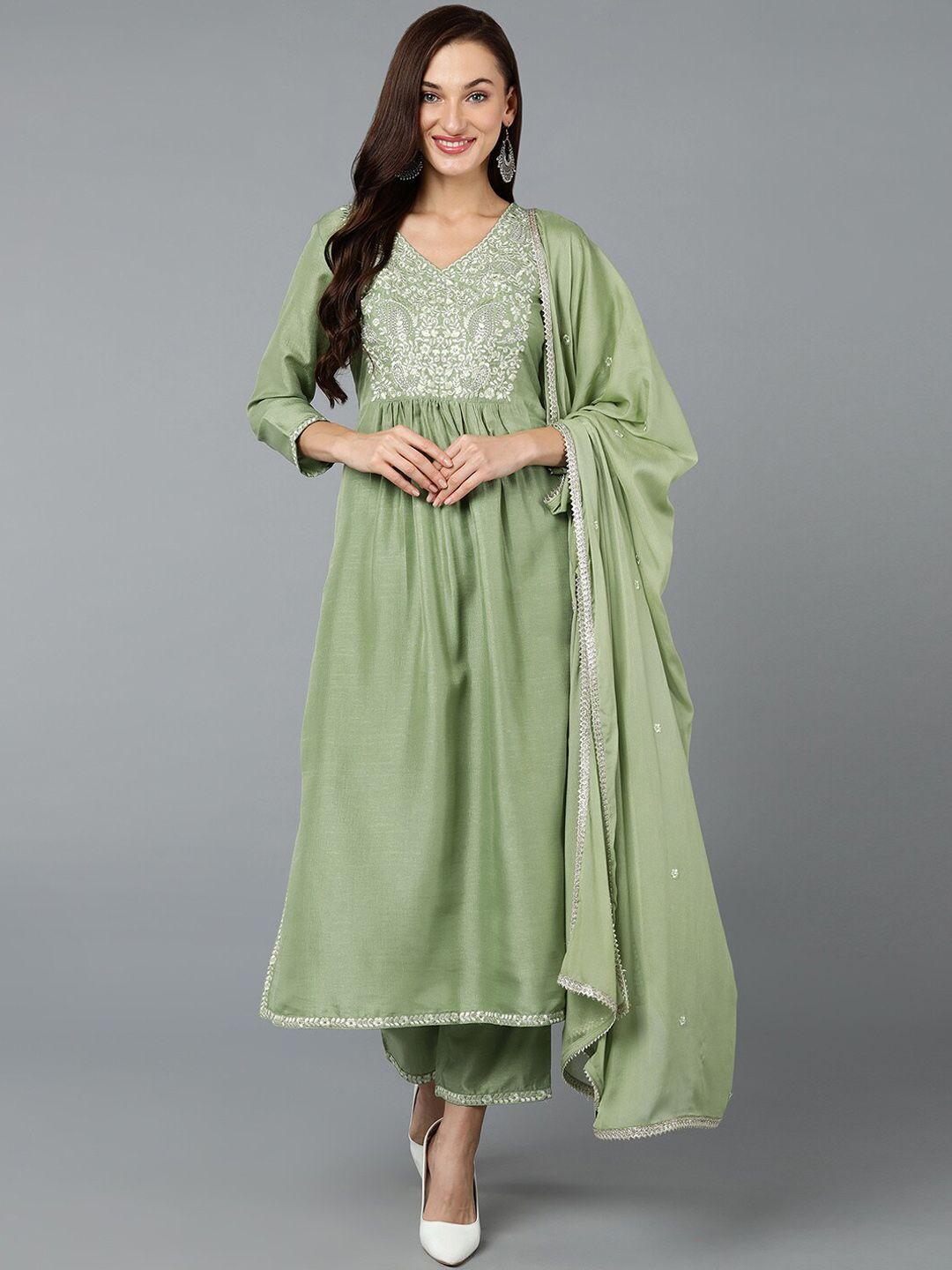 ahika  green  ethnic motifs yoke design kurta with trousers & dupatta