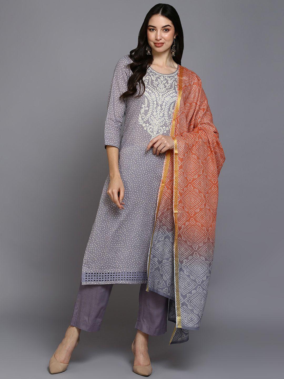 ahika bandhani printed & embroidered straight pure cotton kurta with trousers & dupatta