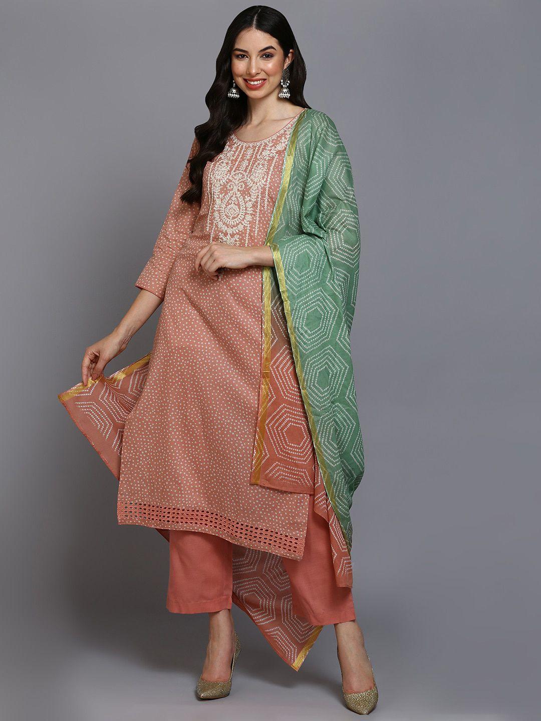ahika bandhani printed regular thread work pure cotton kurta & trousers with dupatta