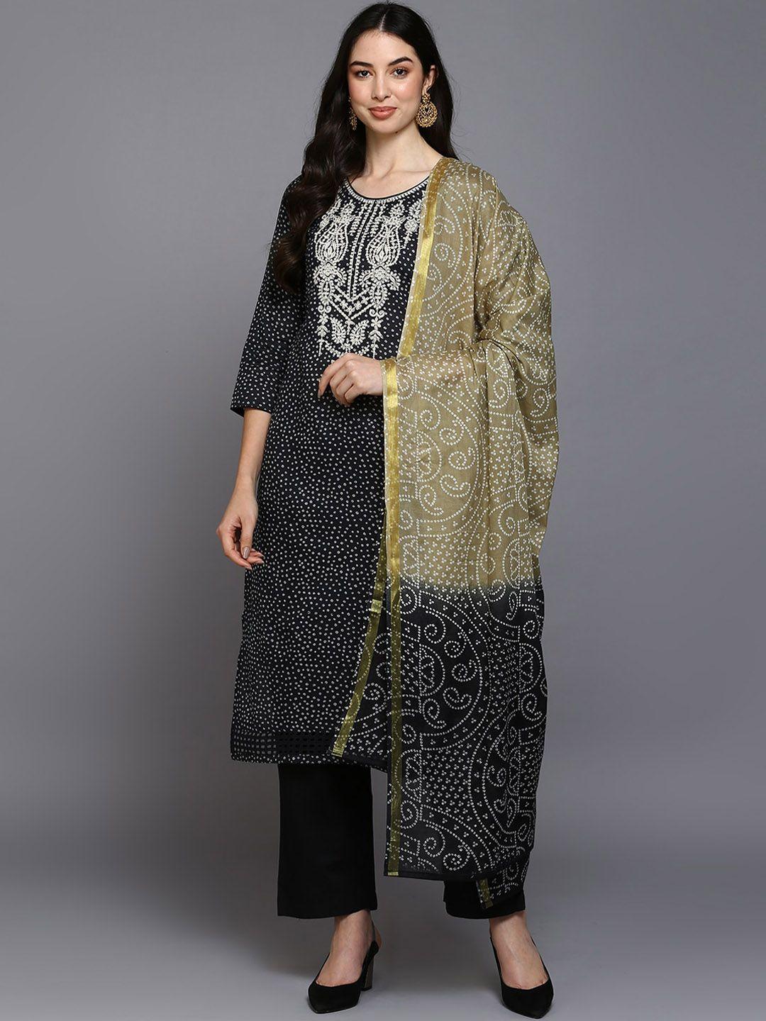 ahika bandhani printed regular thread work pure cotton kurta with trousers & dupatta