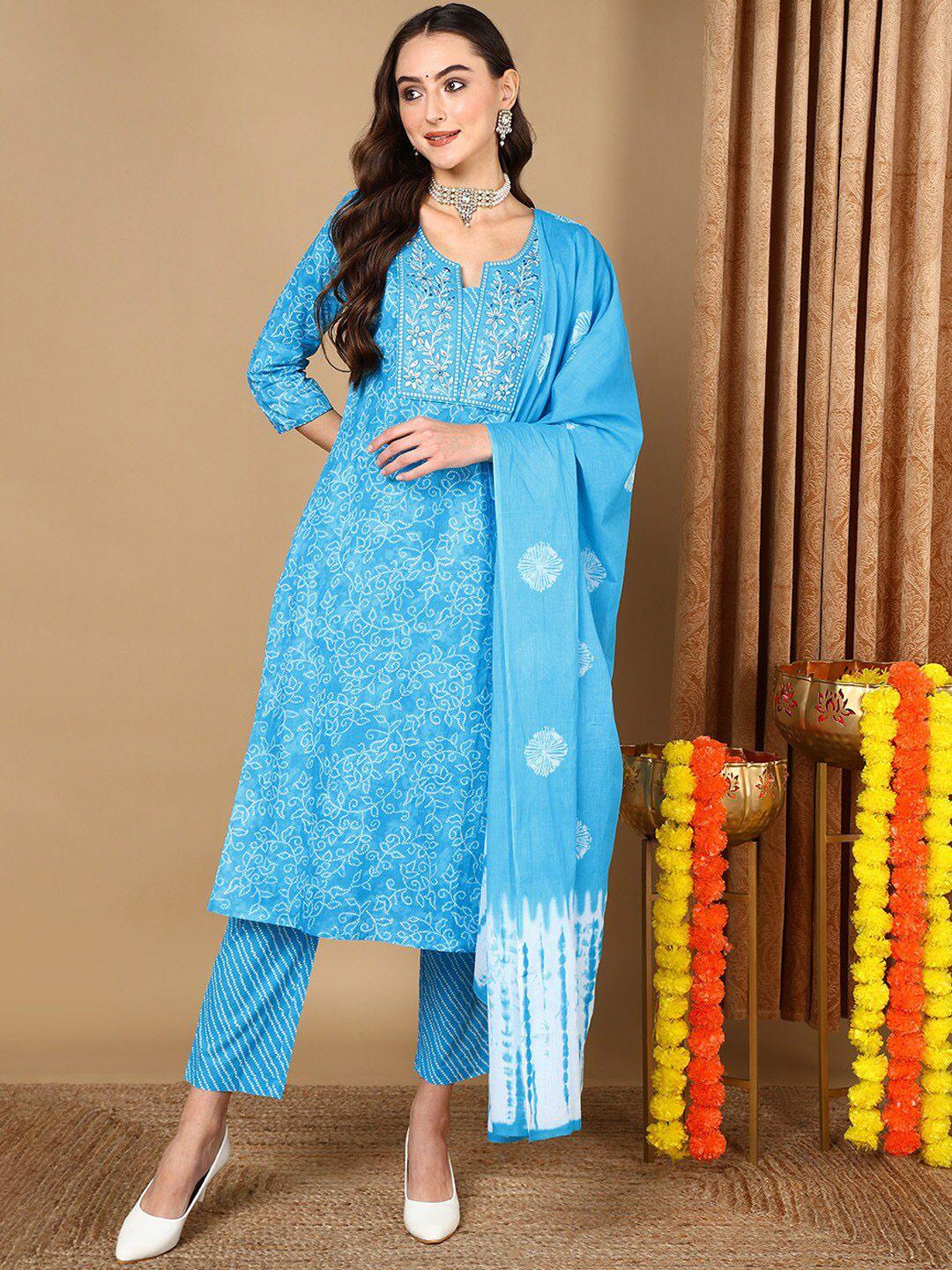 ahika bandhani printed thread work pure cotton straight kurta with trousers & dupatta