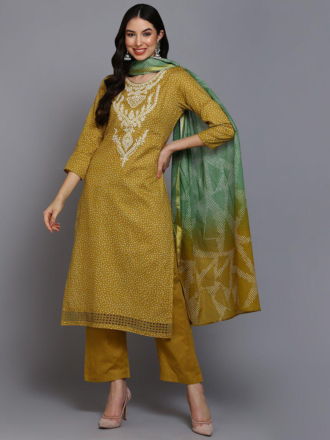 ahika bandhani printed thread work regular pure cotton kurta with trousers & dupatta