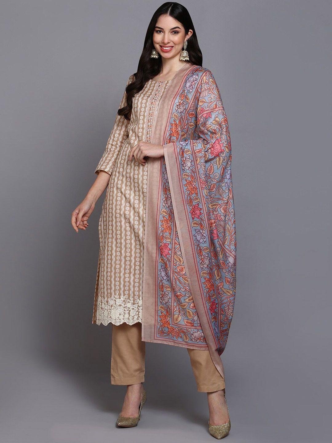 ahika beige & white geometric printed pure cotton kurta with trousers & dupatta