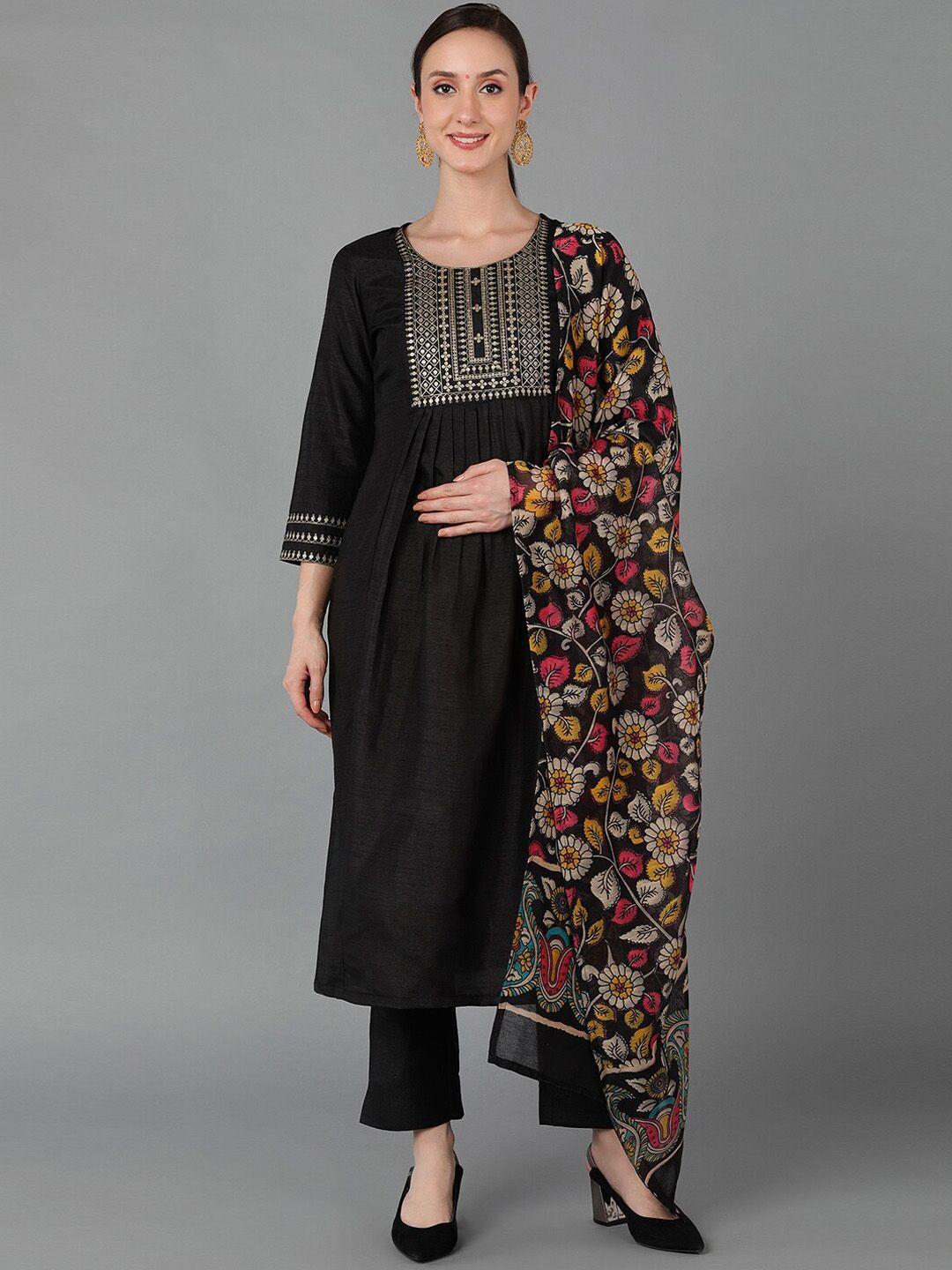 ahika black & gold-toned ethnic motifs yoke design zari kurta with trousers & dupatta