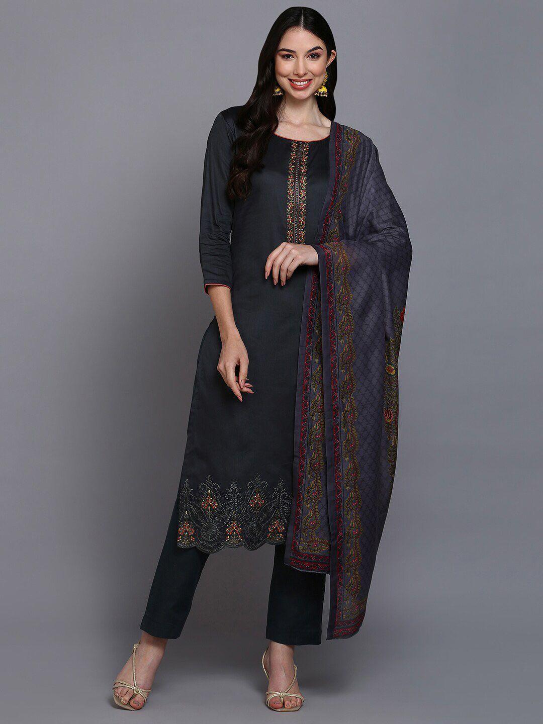 ahika black & grey floral yoke design pure cotton kurta & trousers with dupatta