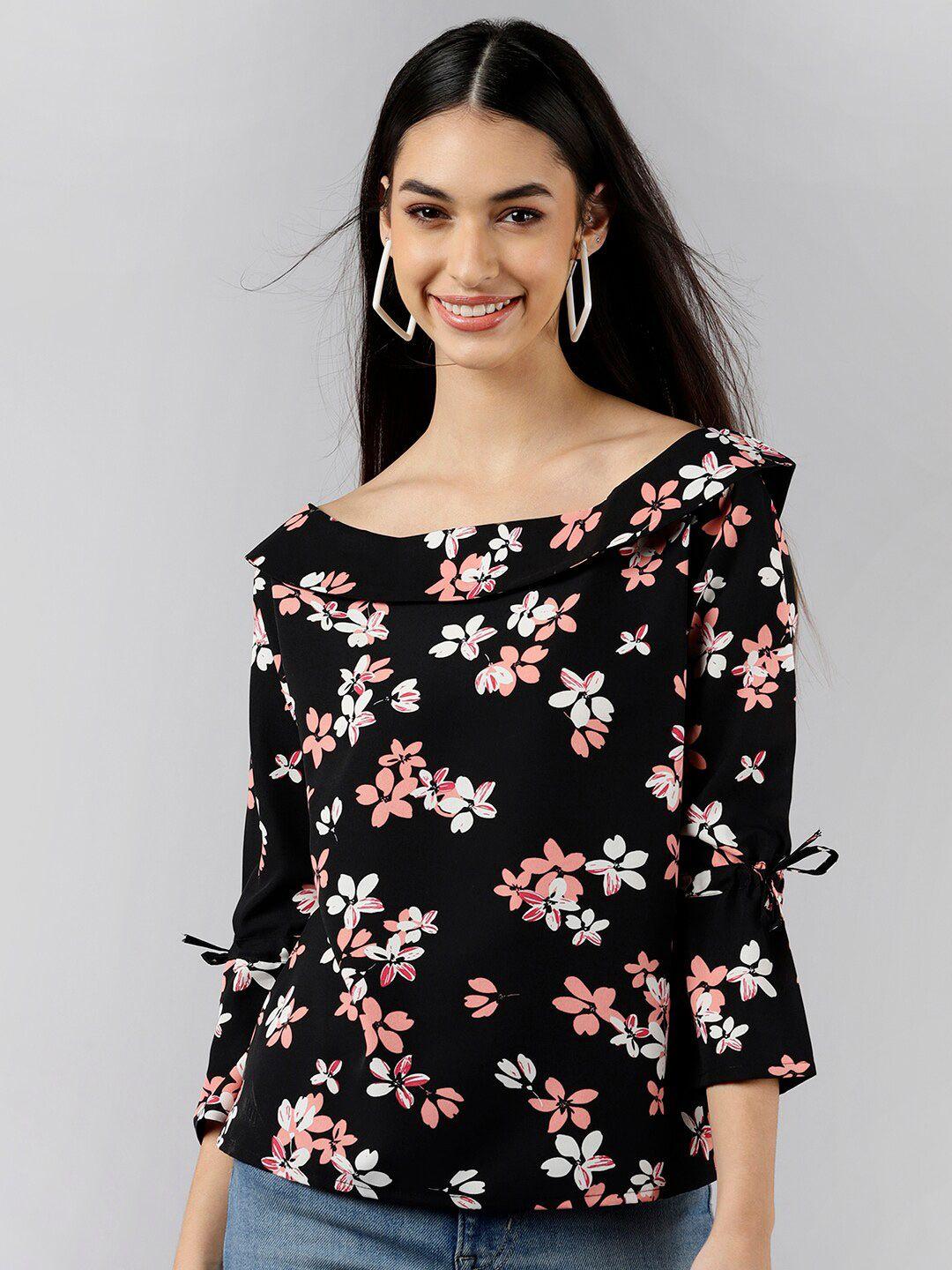ahika black & peach-coloured floral print georgette top