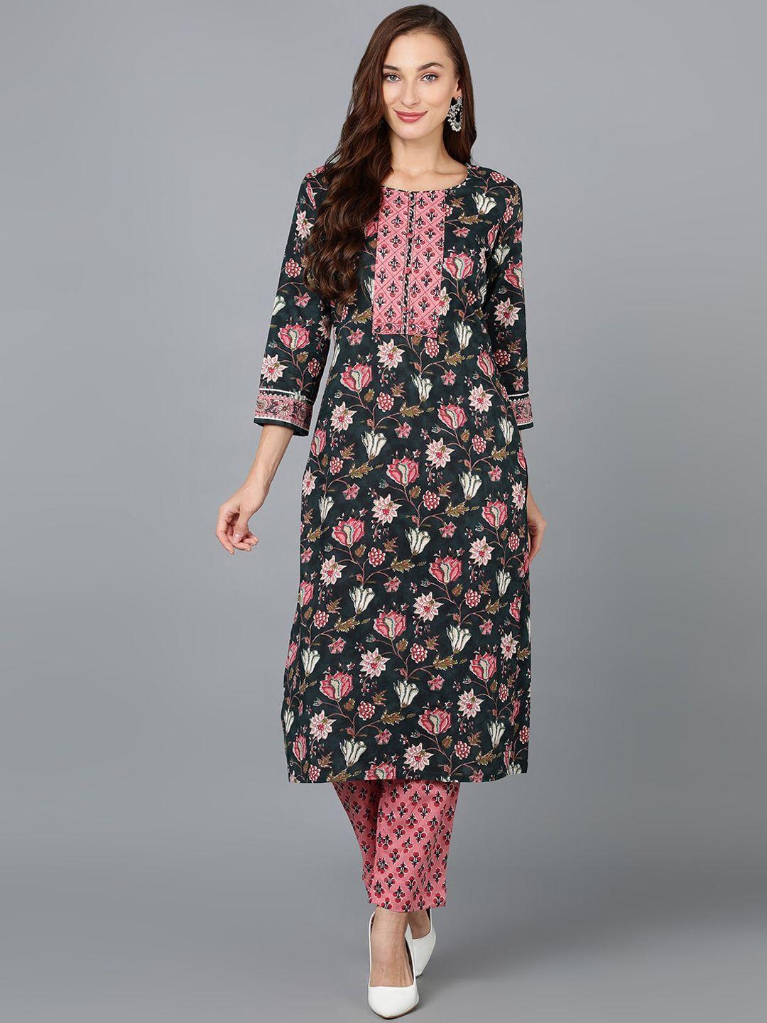 ahika black & peach-coloured floral printed kurta with trousers