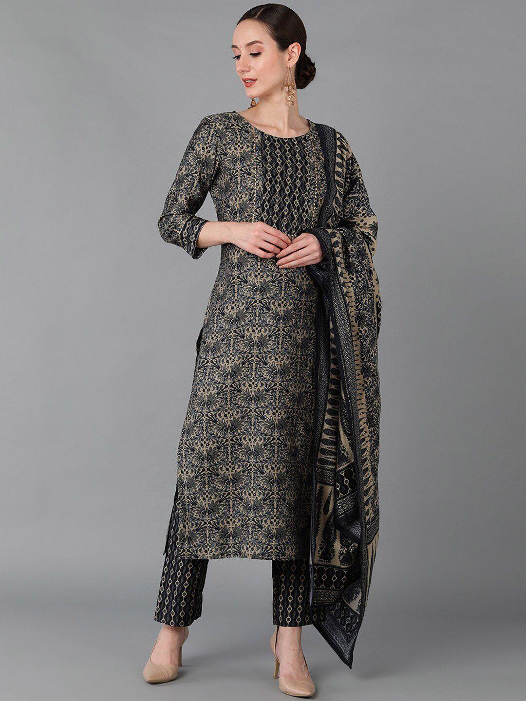 ahika black ethnic motifs printed straight kurta & trousers & with dupatta